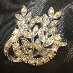 Vintage, silver tone, rhinestone leaf branches, brooch pin